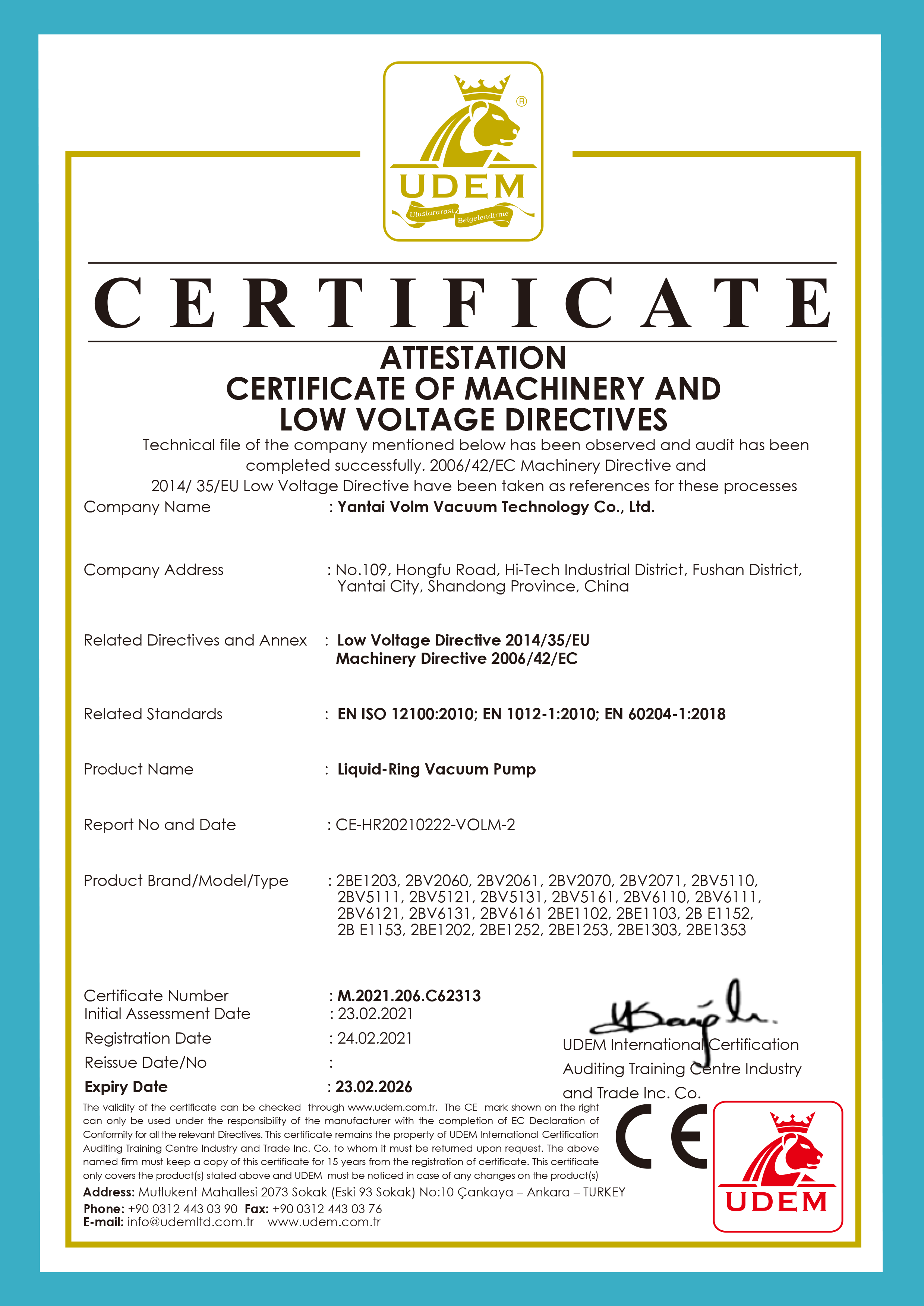 Liquid Ring Vacuum Pump Certificate
