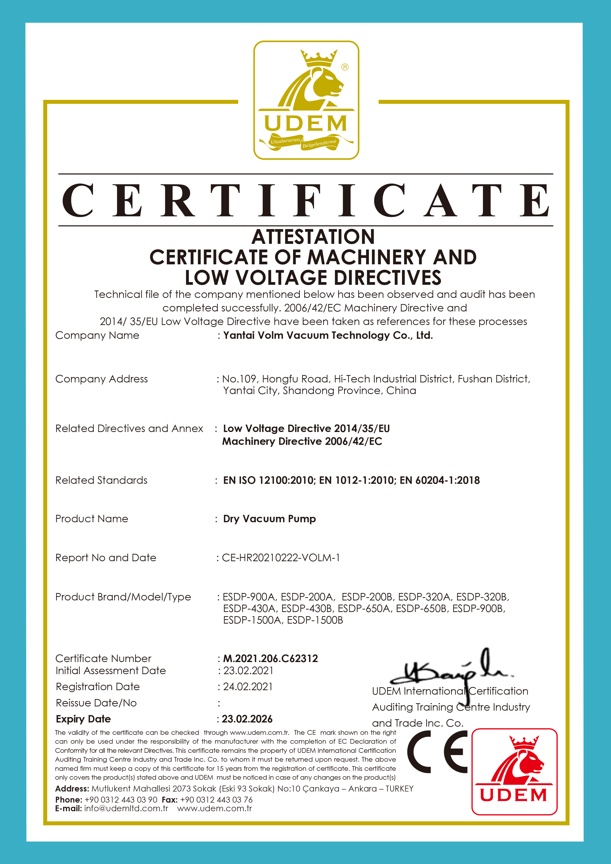 Dry Vacuum Pump Certificate